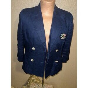 American Living Womens  Double Breasted Linen Blazer Embroidered Crest Size 10